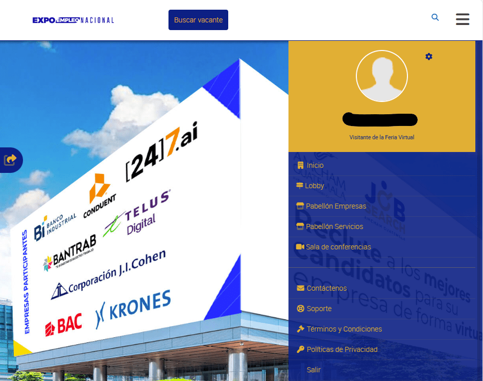 Vista general del sitio web www.expoempleoamchamguate.com, donde los usuarios pueden explorar vacantes, postularse a diversas oportunidades laborales